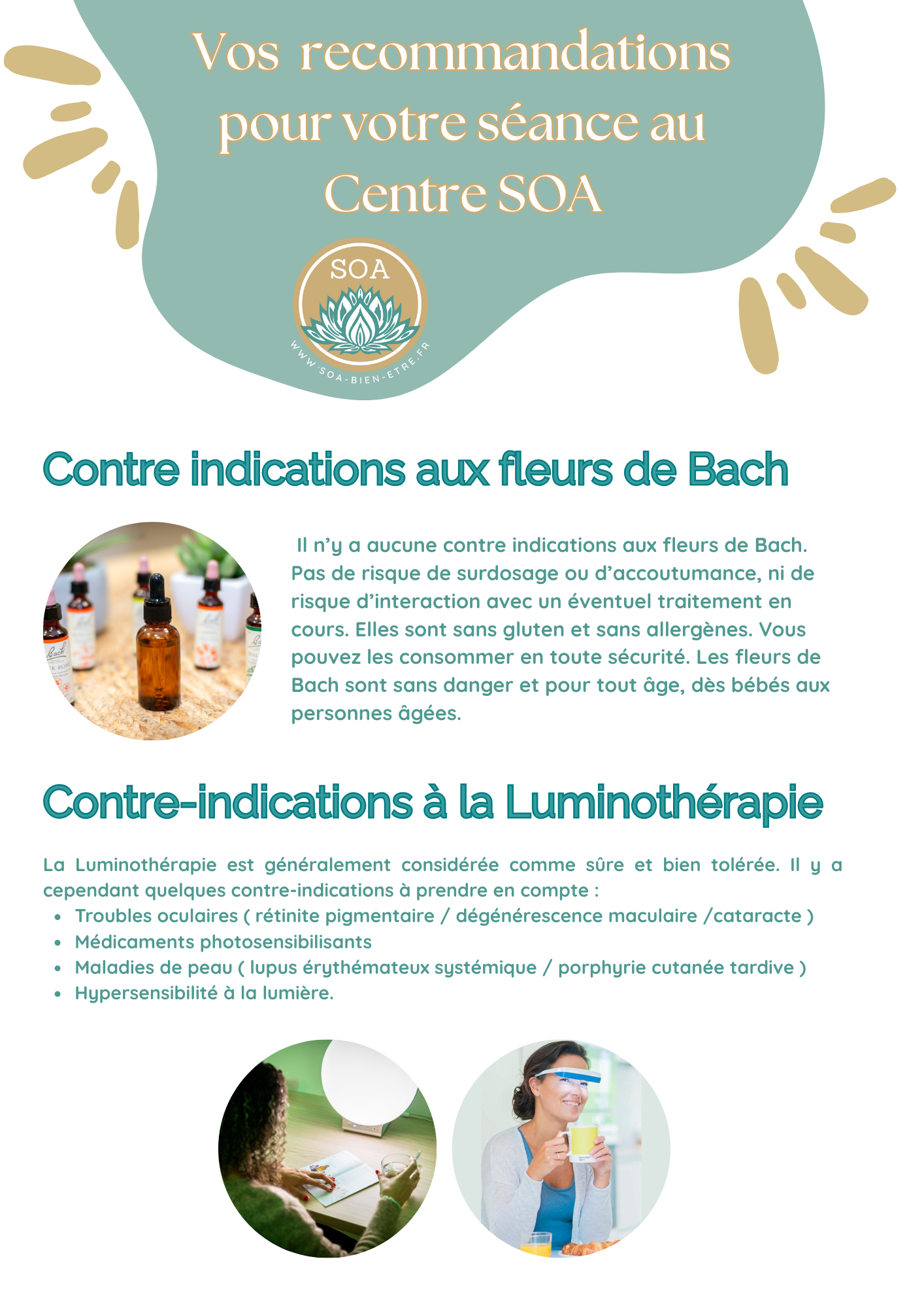 Voici les recommandations avant une séance de fleurs de Bach ou de Luminothérapie au Centre de Flottaison et bien-être SOA à BRIVE LA GAILLARDE.