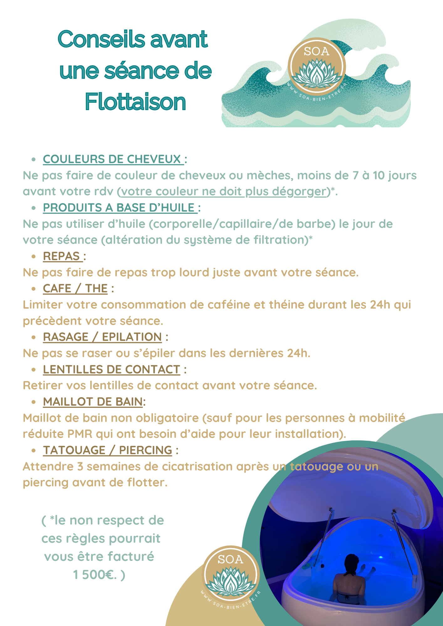 Voici les recommandations avant une séance de Flottaison au Centre de Flottaison et bien-être SOA à BRIVE LA GAILLARDE.