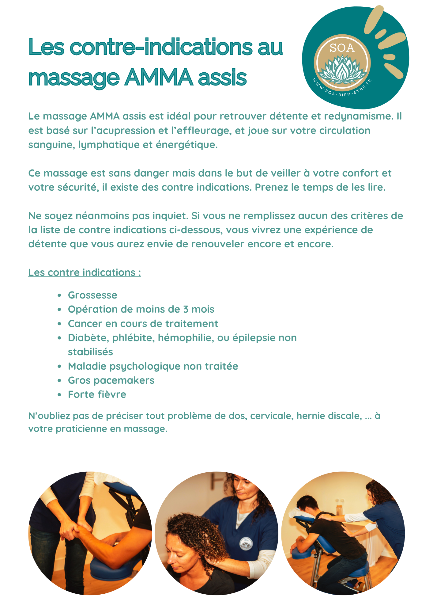 Voici les recommandations avant une séance de massage AMMA assis au Centre de Flottaison et bien-être SOA à BRIVE LA GAILLARDE.