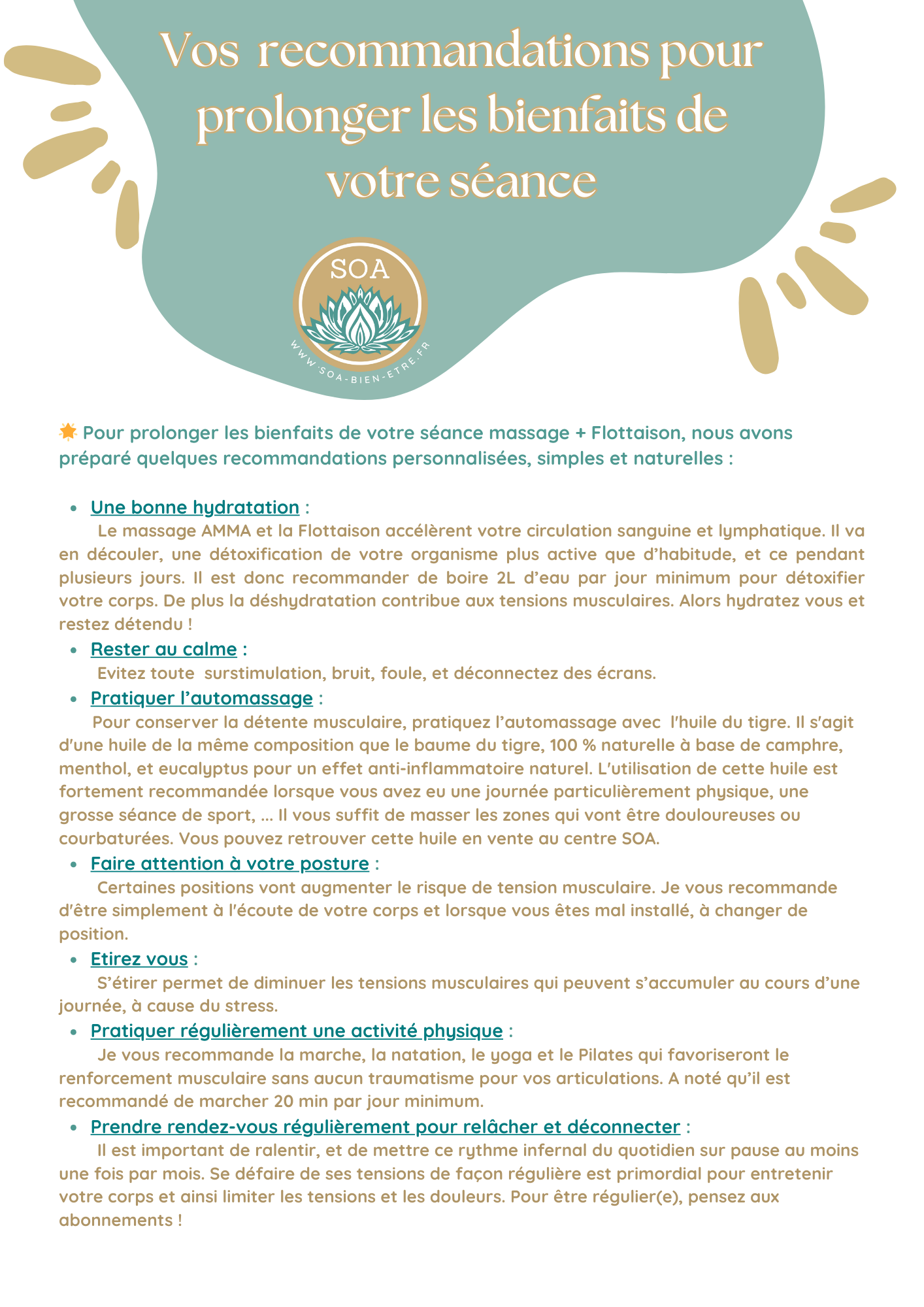 Vos recommandations pour prolonger les bienfaits de votre séance combo au Centre SOA à BRIVE LA GAILLARDE 