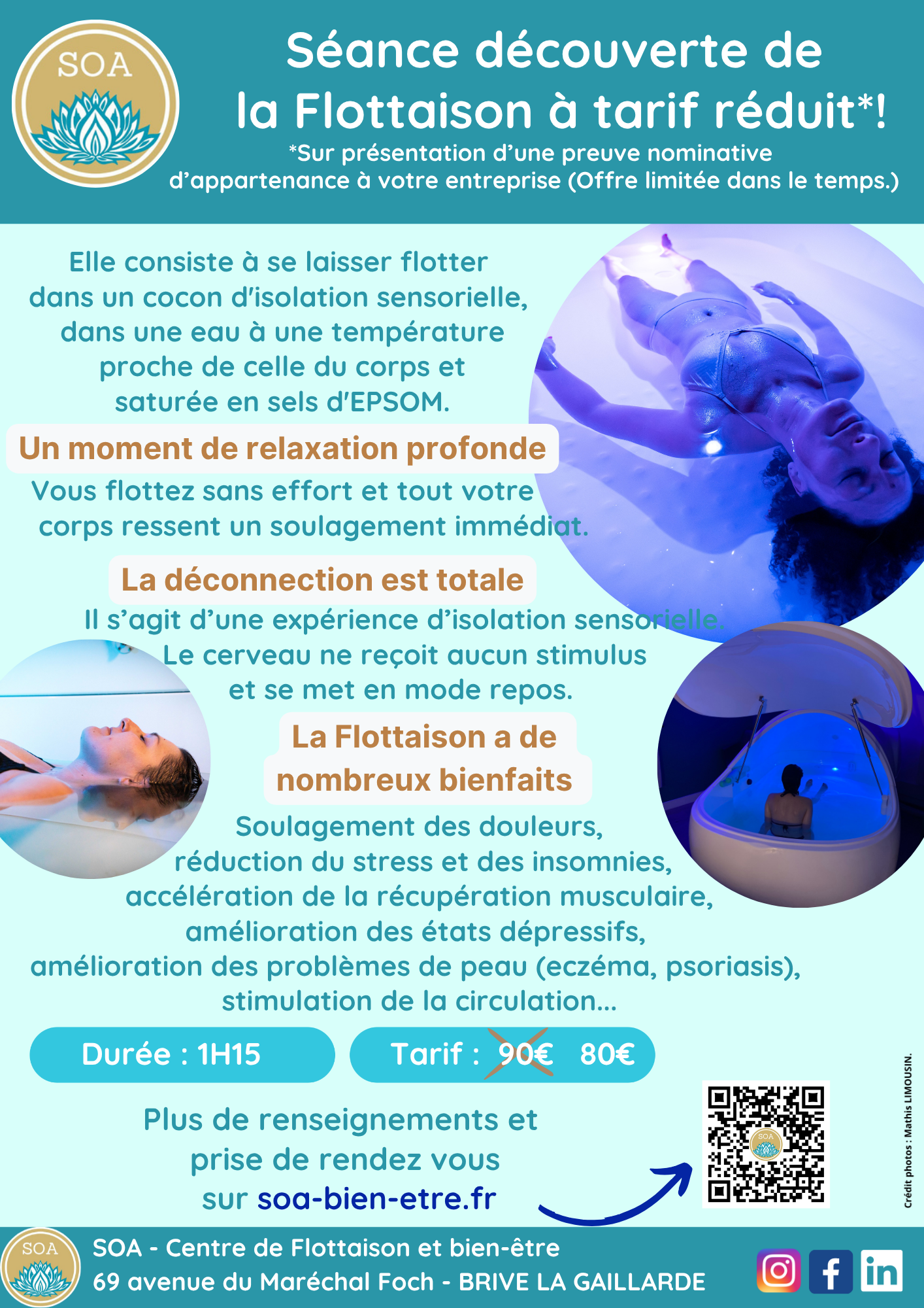 10€ de réduction sur votre première séance de Flottaison au Centre SOA à BRIVE LA GAILLARDE grâce à votre entreprise