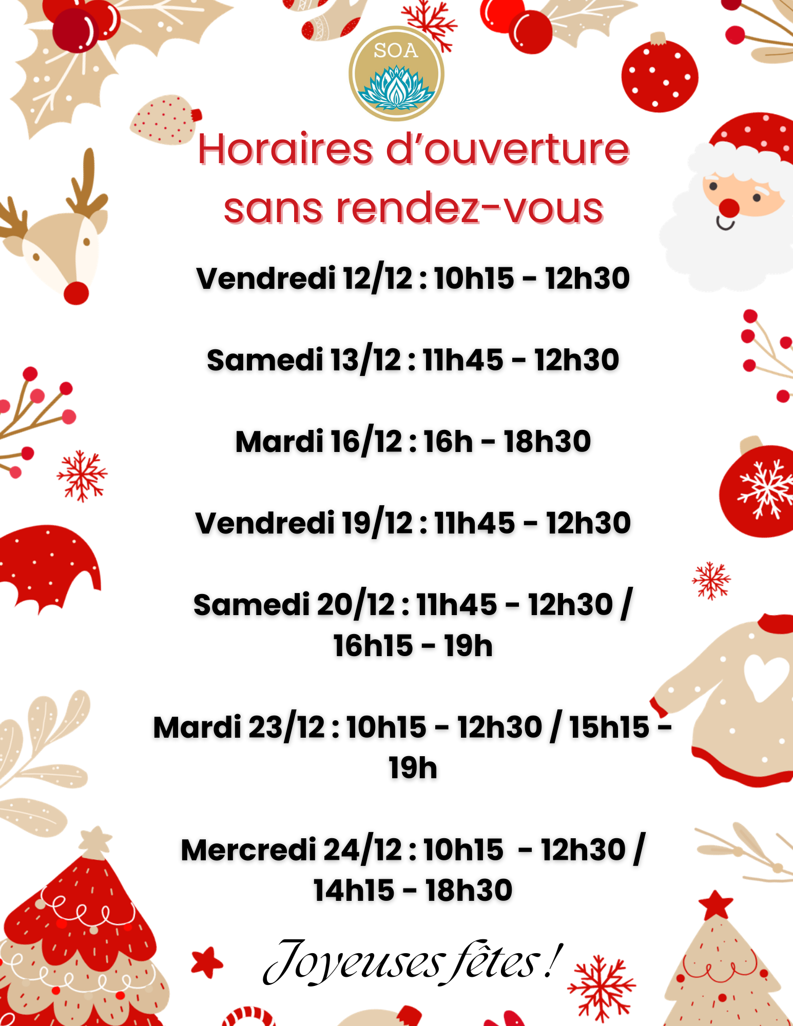 Centre SOA : Horaires exceptionnels d'ouverture sans rendez-vous
