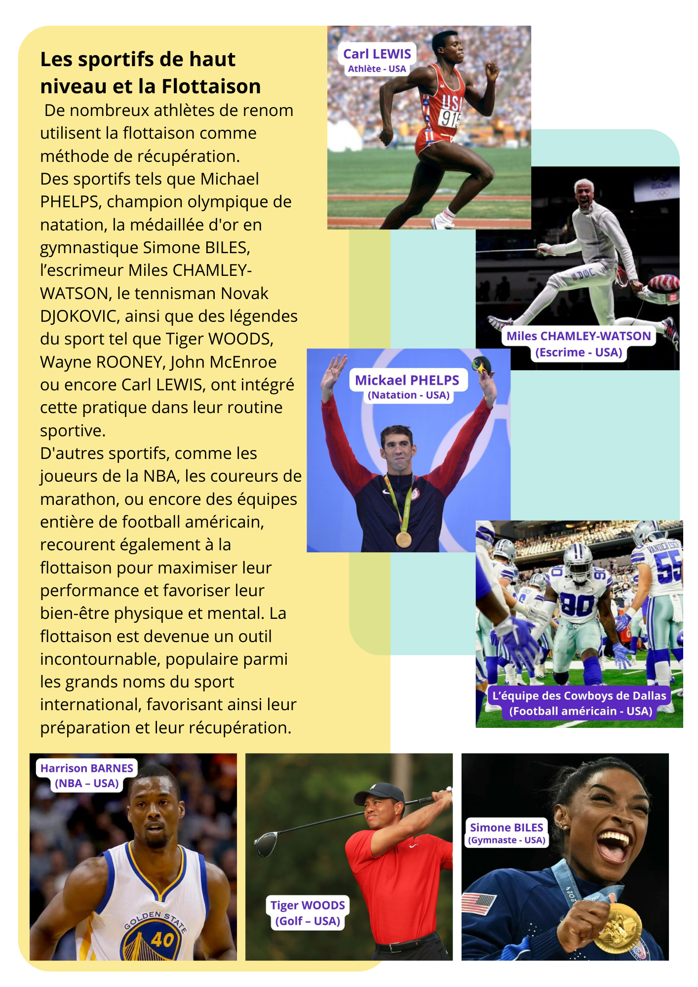 Les athlètes célèbres qui pratique la Flottaison pour améliorer leur performance et accélérer la récupération physique