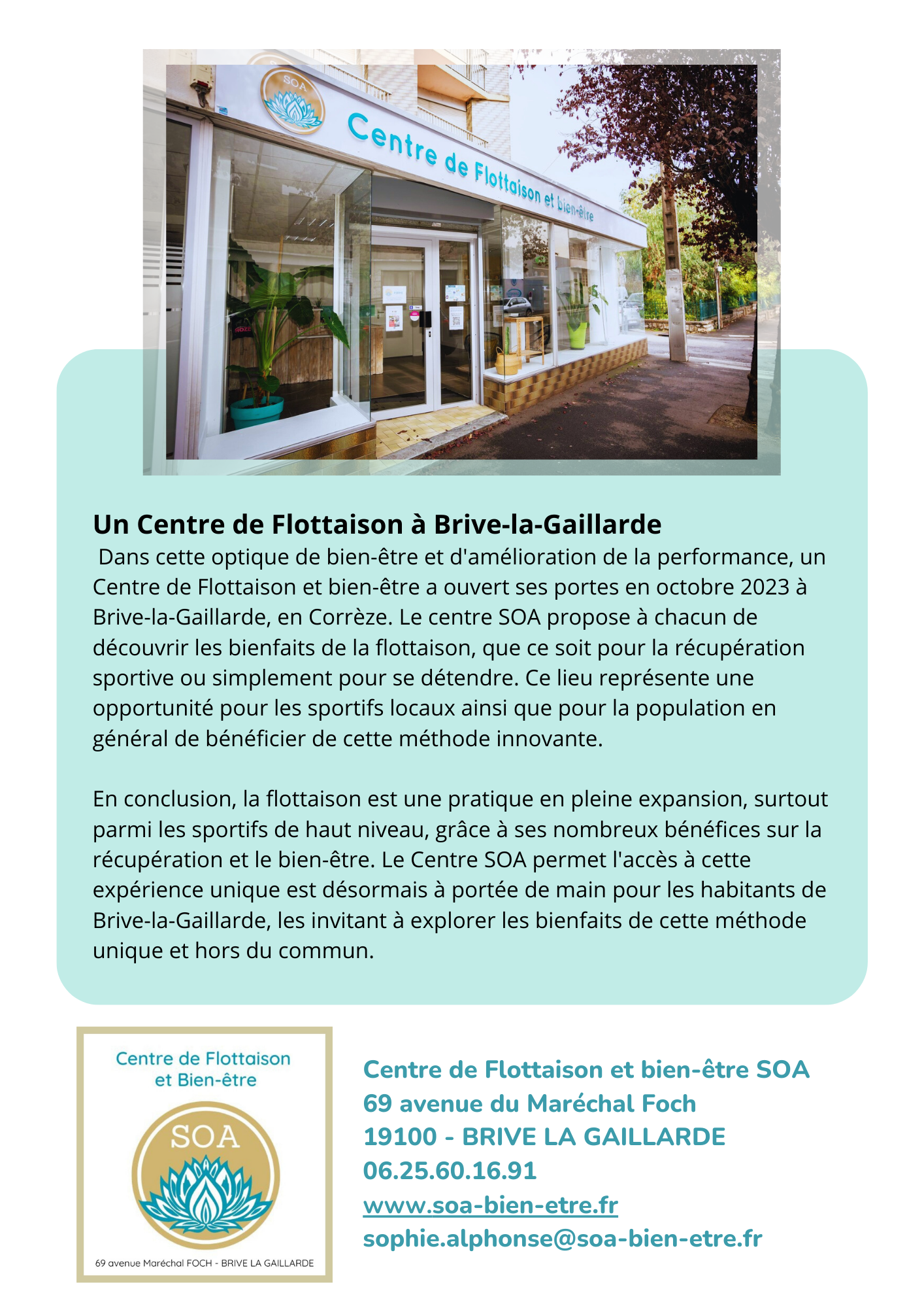 Centre de Flottaison SOA pour la récupération physique et l'amélioration des performances sportives.